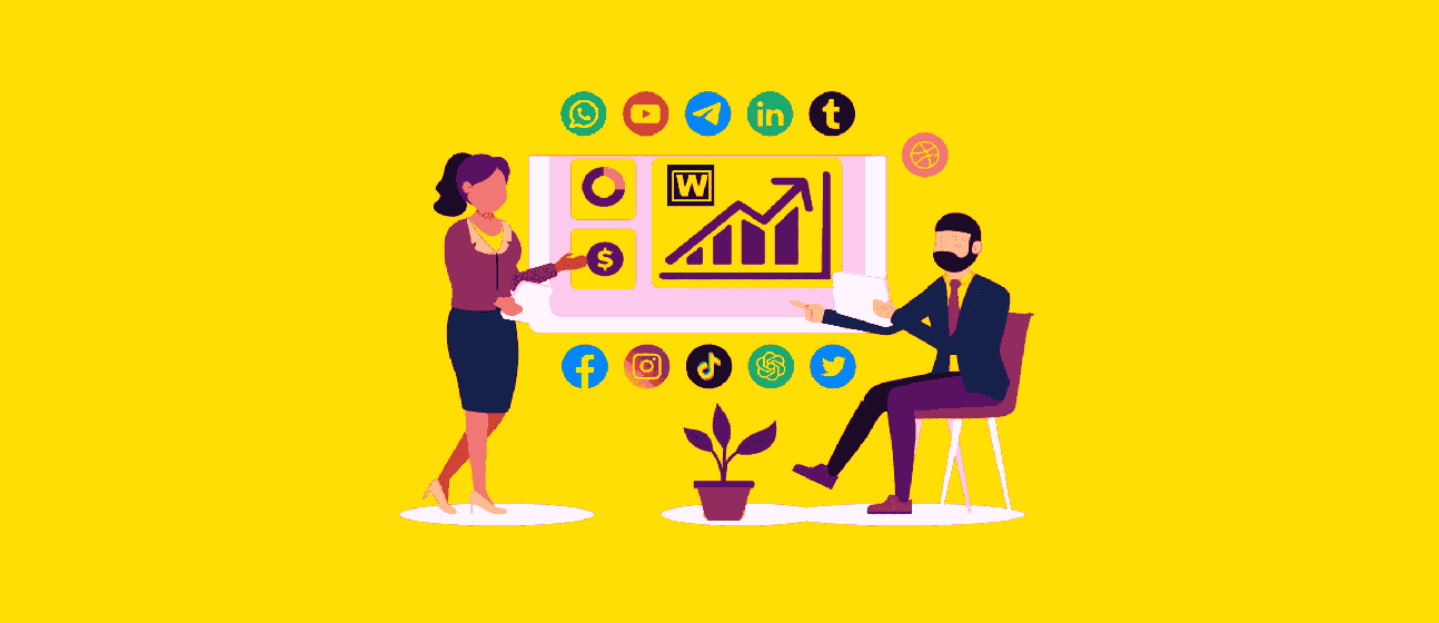 Two illustrated figures discuss digital marketing analytics shown on a display screen with various social media icons in a yellow-toned background, highlighting strategies for free promotion for your small business.