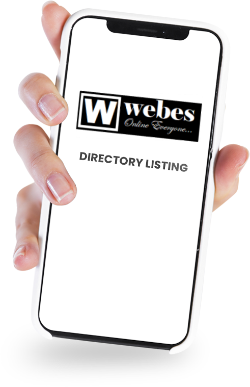 A hand holding a smartphone displays the logo Webes Online Everyone and the text Directory Listing on the screen, showcasing how to promote your business locally